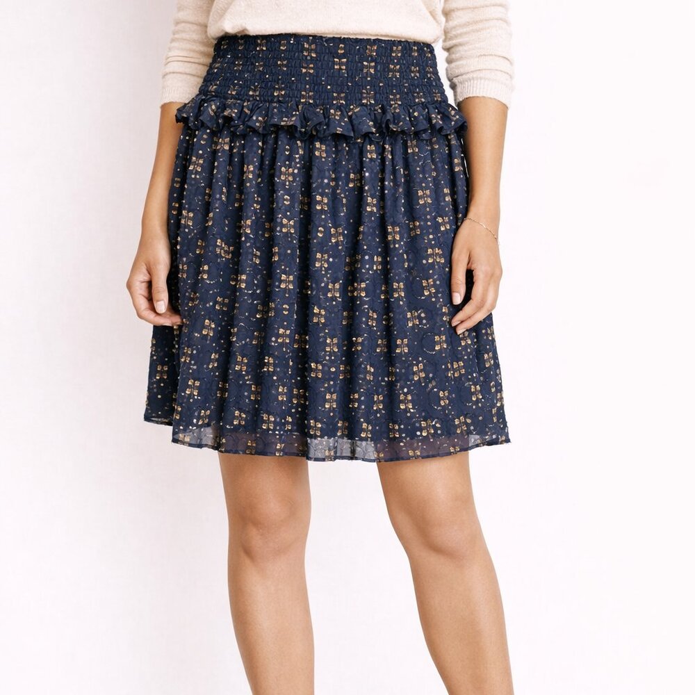 Navy Blue Gold Metallic Smocked Waist‎ Mini Skirt Size Medium